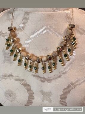 Beige and Green Beaded Fringe Necklace with Gold Accents, matching earrings